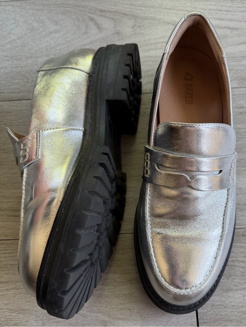 Bared Footwear Wedgebill Metallic Silver Penny Loafers sz 40/US 9.5-10